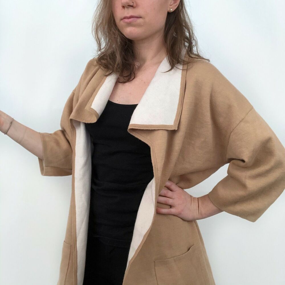 Chico's Tan Brown White Wool Blend Sweater Jacket  Women's Size 2 US Large